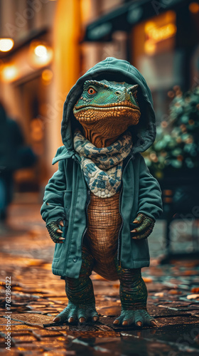 Sophisticated dinosaur roams city streets in tailored splendor, epitomizing street style. The realistic urban setting captures the prehistoric charm seamlessly merged with contemporary fashion allure 