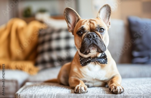 Portrait of a  French Bulldog Wearing a Bow Tie on a Sofa © Olena Rudo