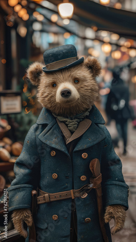 Dapper bear struts through urban jungle, exuding street style in a tailored ensemble. Realistic cityscape forms the backdrop, capturing the essence of sophisticated, furry fashion