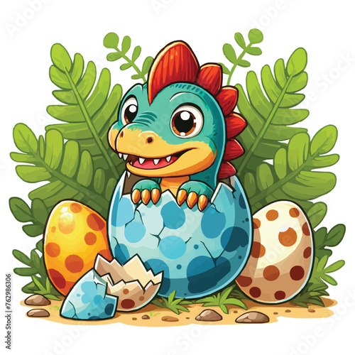 vector Cartoon baby spinosaurus hatching from egg