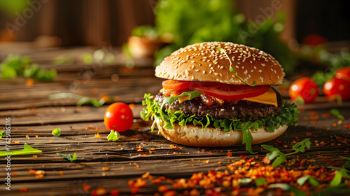 Gourmet burger with detailed layers and served on a rustic wooden table.
