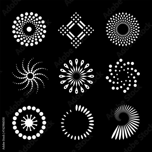 Design Elements Set. Abstract White Icons on Black Background. 