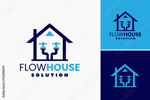 Flow House Plumbing Solution logo. Fluid pipes encircling a house, representing seamless plumbing solutions. Ideal for plumbing companies offering comprehensive services.