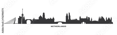 Netherlands  Holland country skyline with cities panorama. Vector flat banner  logo. Amsterdam  Rotterdam  The Hague  Utrecht silhouette for footer  steamer  header. Isolated graphic
