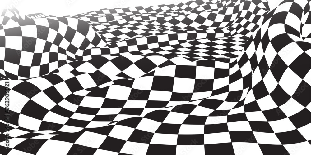 Fototapeta premium Abstract vector background wavy surface with curve pattern black quards. Black checkers isolated on white.