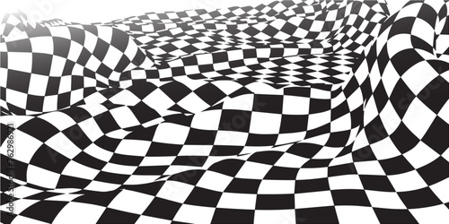 Abstract vector background  wavy surface with curve pattern  black quards. Black checkers isolated on white. photo