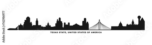 USA Texas state skyline with cities panorama. Vector flat banner, logo for America region. Houston, Austin, Dallas, San Antonio silhouette for footer, steamer, header. Isolated graphic #762986977