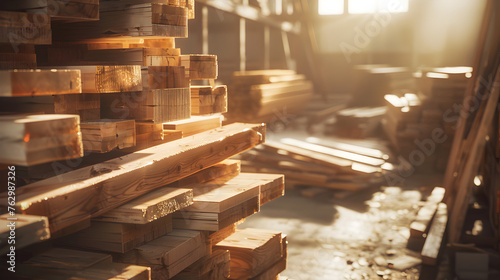 The wood lumber is piled up in a shop