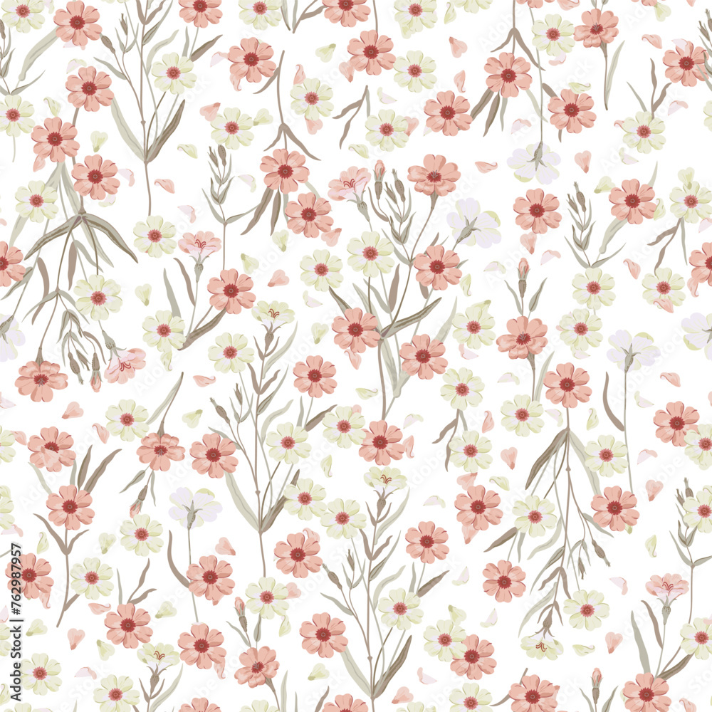 Cute floral pattern. Seamless vector texture. An elegant template for fashionable prints. Print with red and light green flowers on a white background.