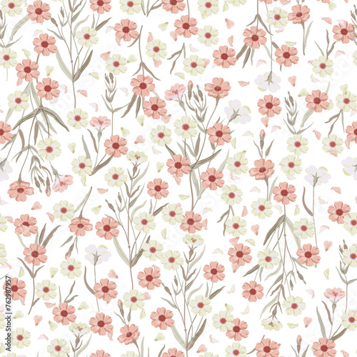 Cute floral pattern. Seamless vector texture. An elegant template for fashionable prints. Print with red and light green flowers on a white background.