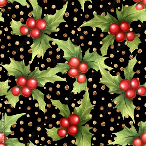 Christmas Holly seamless pattern on black background