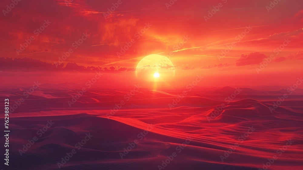 A mystical surreal sandy landscape in red and orange tones in the desert at dawn or sunset. Futuristic terrain