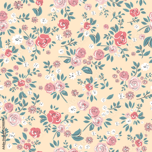 Delicate watercolor seamless pattern depicting pink  red and white flowers on a light beige background.
