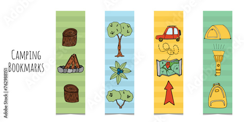 Bookmarks set with camping and travel elements. Adventure to nature. Colored doodle bookmarks for read isolated on white background. Hand drawn sketch in bright colors. Kids bookmarks for pint.
