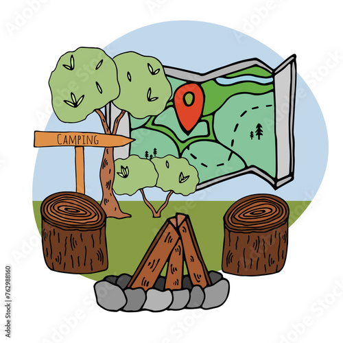 Fireplace with stumps,map,tree. Place for camping and outdoor recreation. Hiking in the mountains, forest. Colorized doodle illustration isolated on white background. Cute hand drawn in bright colors.