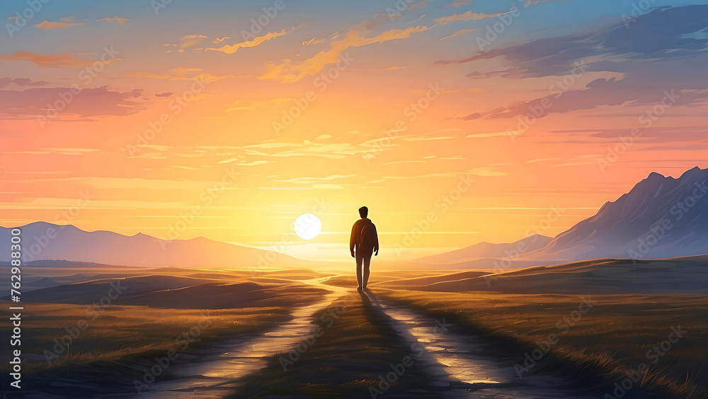 A human figure walking towards a sunrise, with the path illuminated, Background Image