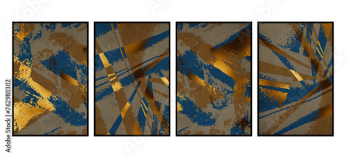 Set of 4 Abstract art. Artistic illustration for printing. The Art of the Golden Wall. Modern interior design. Vintage grunge old .