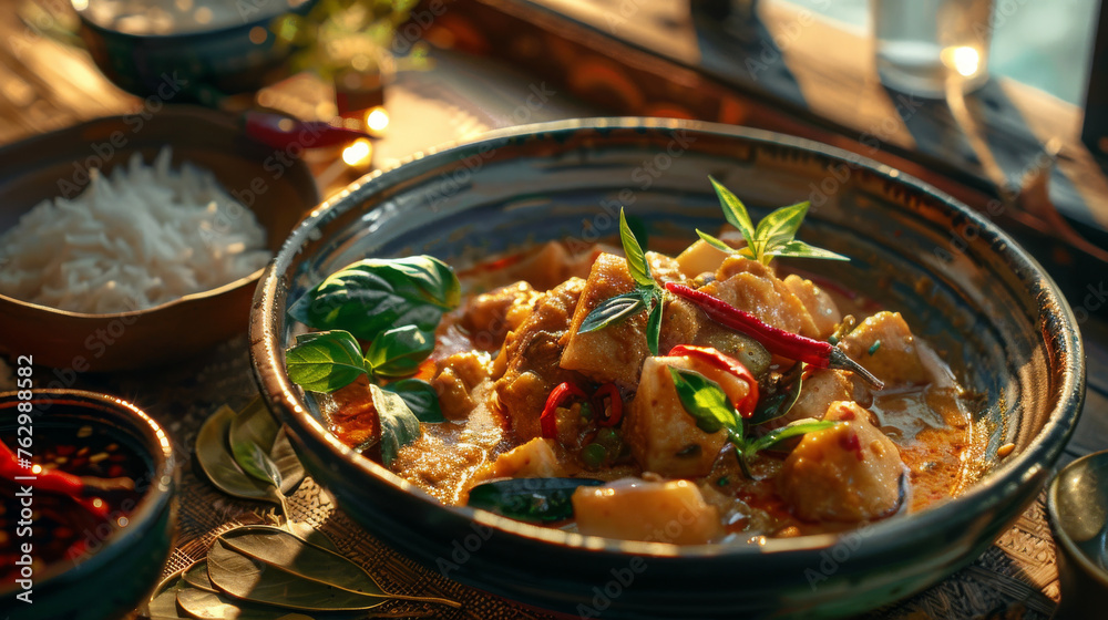 Massaman curry dish on a table , a rich, flavourful, and mildly spicy Thai curry
