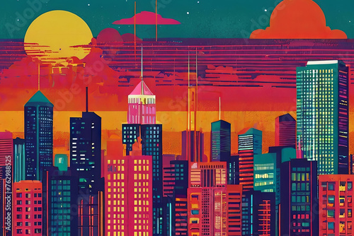 Unique and colorful retro cityscape risograph vector design. Vibrant urban artwork with vintage flair. photo