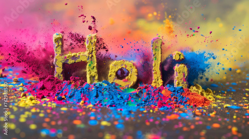 Holi the Indian festival of colors background with written word Holi and colorful powder backdrop