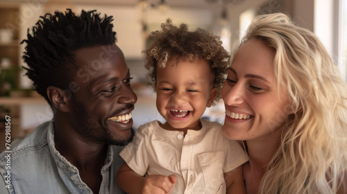 Portrait of a interracial family with parents and their young toddler kid at happy home