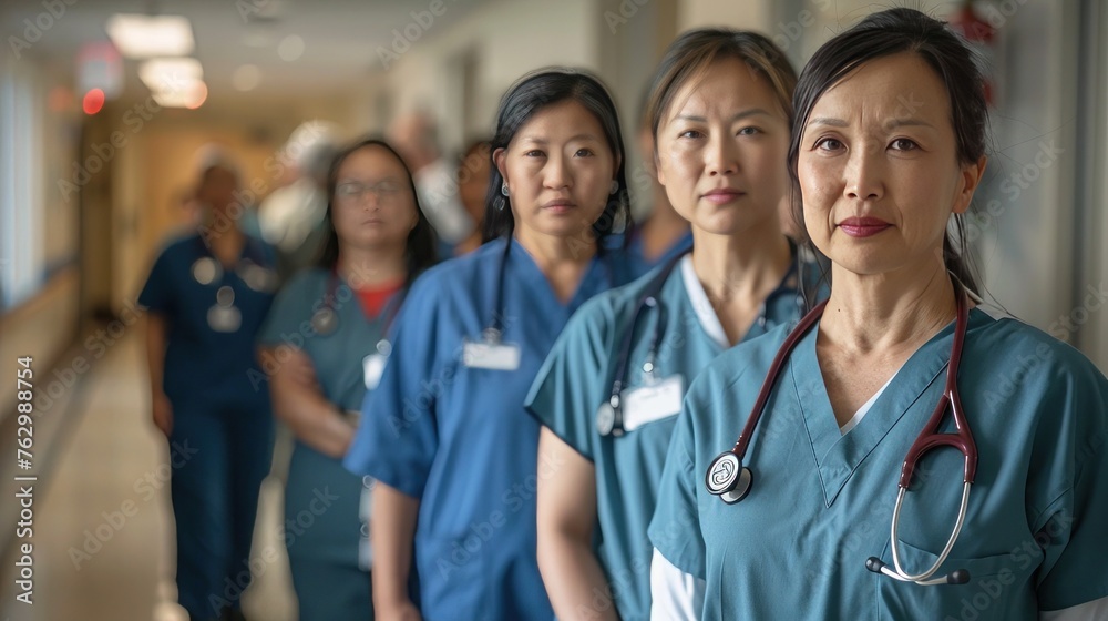 Portrait of Asian female nurse team in hospital corridor. Group of woman doctors wear uniform in hospital corridor