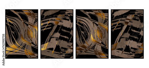 Set of 4 Abstract art. Artistic illustration for printing. The Art of the Golden Wall. Modern interior design. Vintage grunge old .