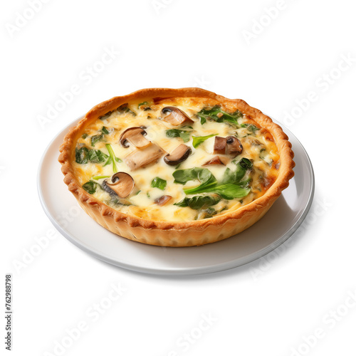mushroom and spinach quiche isolated on white