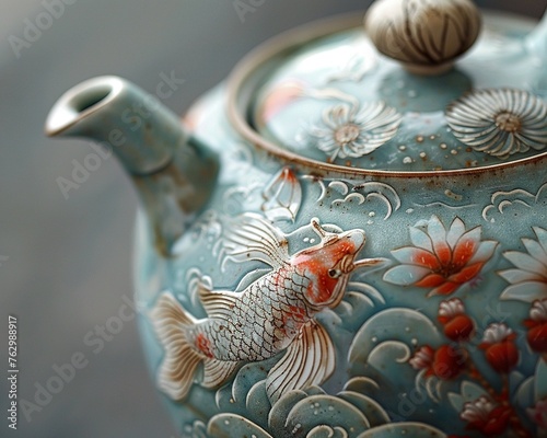Capture the essence of serenity and tranquility with a close-up shot of a teapot brewing tea that induces states of deep peace Show the intricate details of the teapot photo