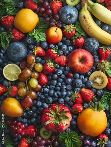 Craft a visually captivating scene of fruits embodying the earth element in a panoramic setting Choose a diverse array of fruits such as strawberries  blueberries  and bananas