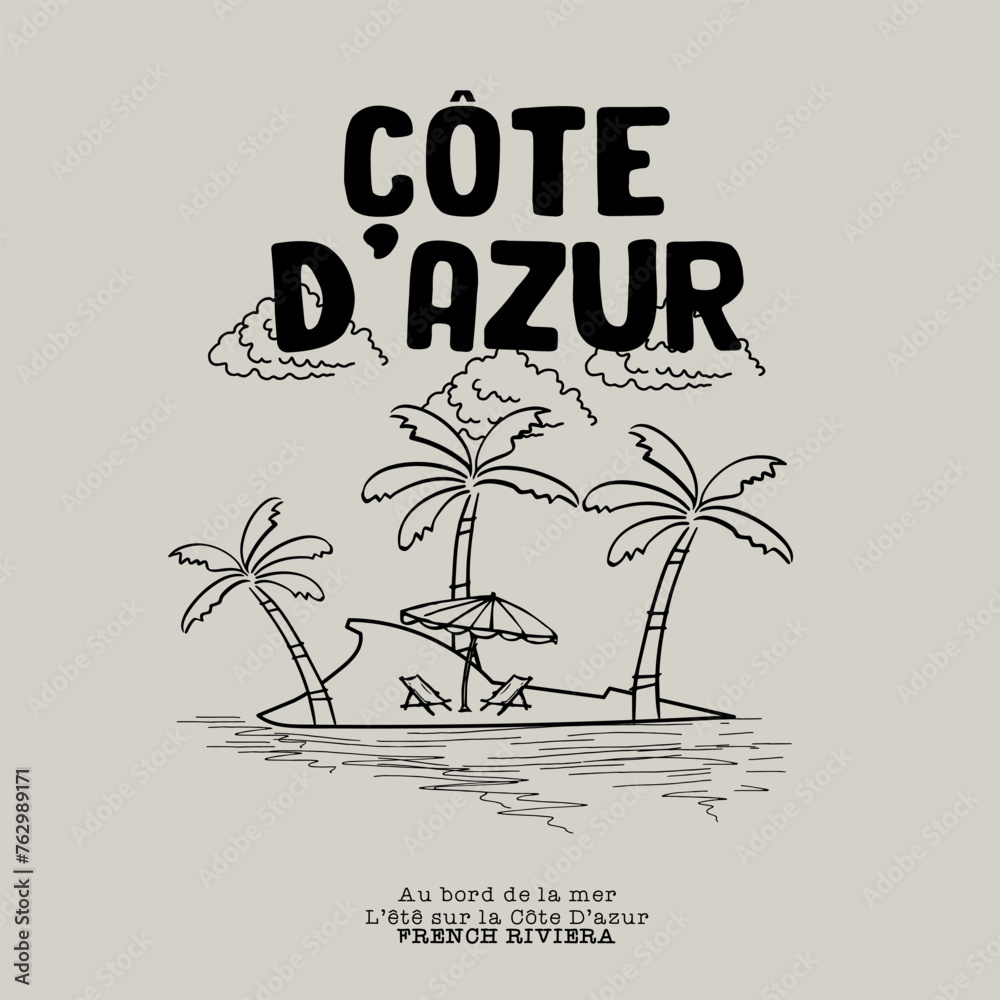 Retro typography Côte D'azur french beach and french slogan print with palm tree island illustration for graphic tee t shirt or sweatshirt hoodie (by the sea in summer on the French Riviera)
