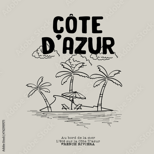 Retro typography Côte D'azur french beach and french slogan print with palm tree island illustration for graphic tee t shirt or sweatshirt hoodie (by the sea in summer on the French Riviera)
