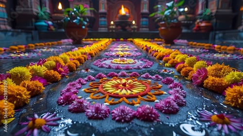 A colorful rangoli design depicting the divine footprints of Lord Krishna  adorned with vibrant flowers and petals