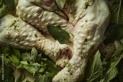 Detailed Texture of Raw Chicken Legs with Natural Herbs
