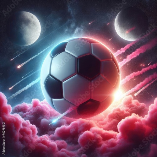 a photo-realistic soccer ball as a planet in space with pink smoke and explosions