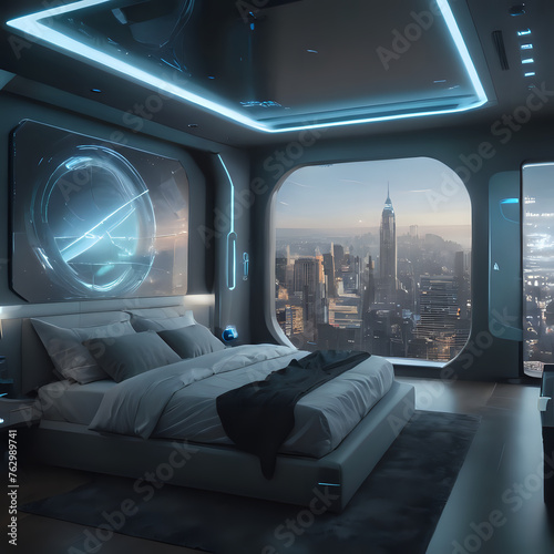 a bedroom with a large bed and a view of a city