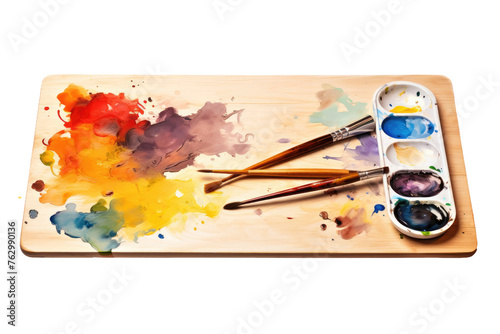 Wooden Tray With Paint and Brushes. On a White or Clear Surface PNG Transparent Background..