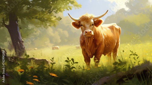 A beautiful cow or bull in a meadow on a sunny day. Agricultural industry. Farming.