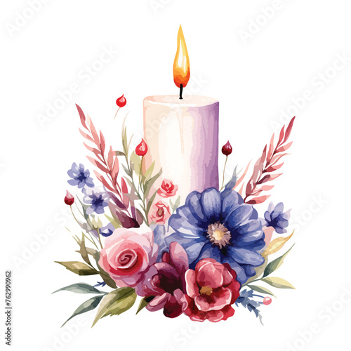 Candle with Flowers Watercolor Clipart 