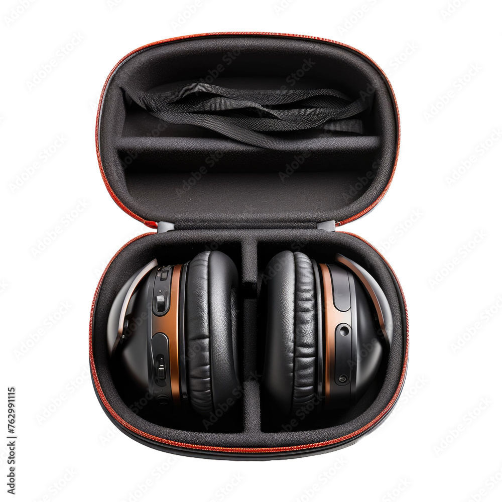 Naklejka premium black wireless headphones and case with charger on a white isolated background