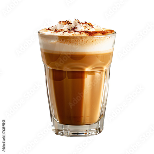 Coffee drink with whipped cream and cocoa powder on top isolated on transparent background PNG. Close-up studio photography with copy space. Coffee shop menu concept design for poster, banner, and AD