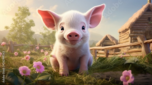 A happy little piglet in a meadow on a sunny day. Agricultural industry. Farming. Portrait of a cute piglet.