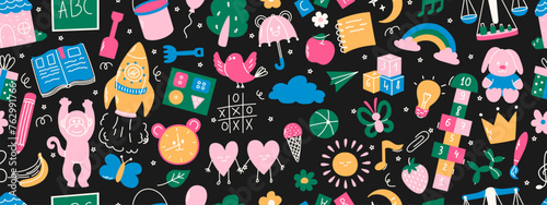 Colorful daycare seamless pattern. Rocket, hopscotch, toys, book, balloon, house, fruits and other elements.