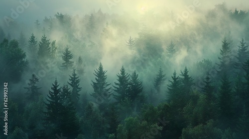 Mist rising from a dense, ancient forest as dawn breaks, casting an ethereal glow © Photock Agency