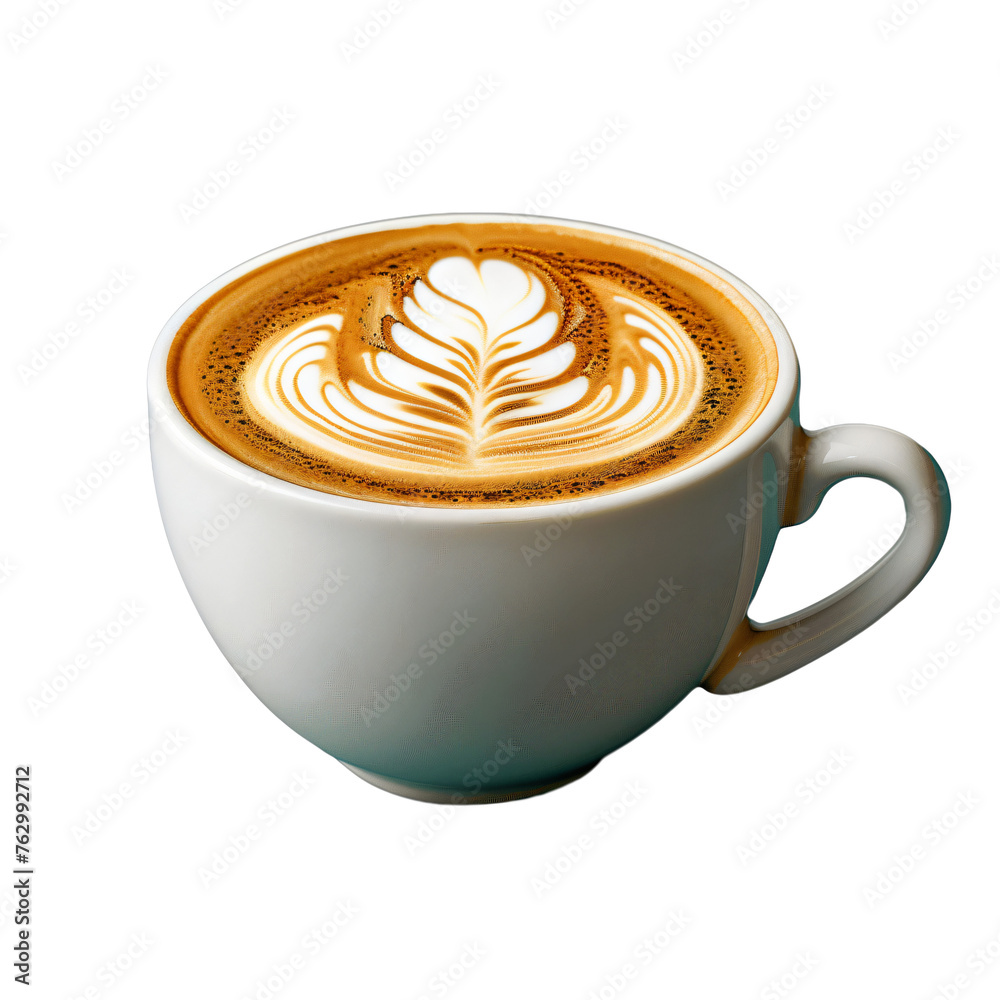 Freshly brewed coffee in white ceramic cups from top view isolated on transparent background PNG. Studio photography with copy space. Coffee shop concept design for menu, poster, and advertisement.