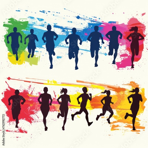 running people set of silhouettes, sport and activity  background photo