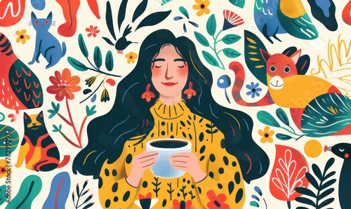 woman with long dark hair holds coffee in her hands