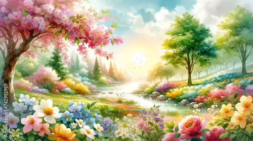 Watercolor Painting of a Spring Landscape Wallpaper