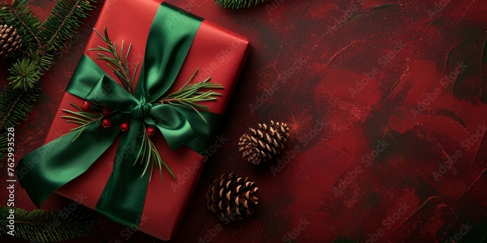 Luxurious red gift box tied with a vibrant green ribbon and pine decor on a red backdrop. - obrazy, fototapety, plakaty 