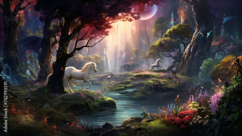 A magical forest where mythical creatures roam free wi